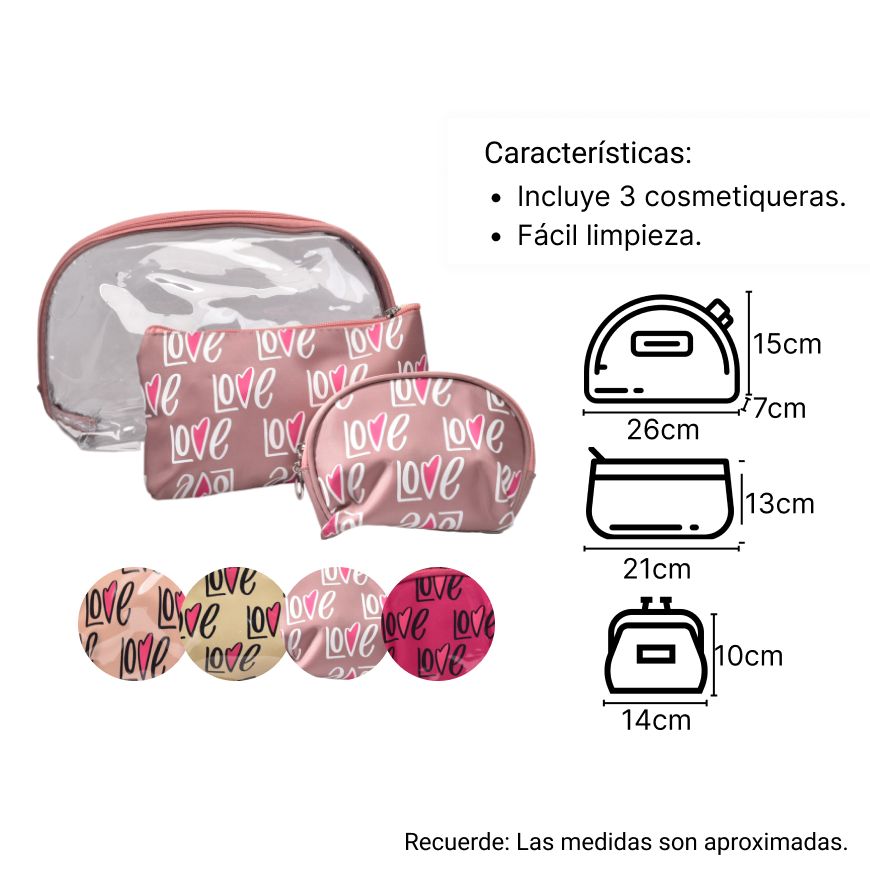 cosmetiquera x 3 unidades maquillaje monedero o bolsa