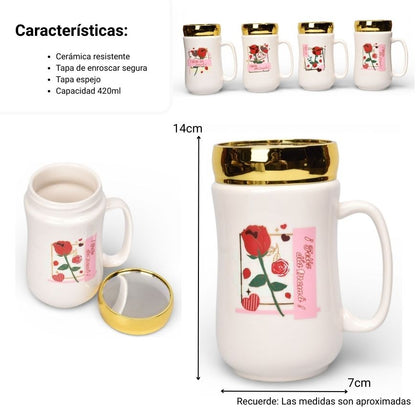 MUG POCILLO CERAMICA TAPA ESPEJO 420ML DIM:6X6X13