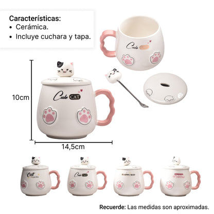MUG POCILLO DE GATO CUCHARA Y TAPA CERAMICA