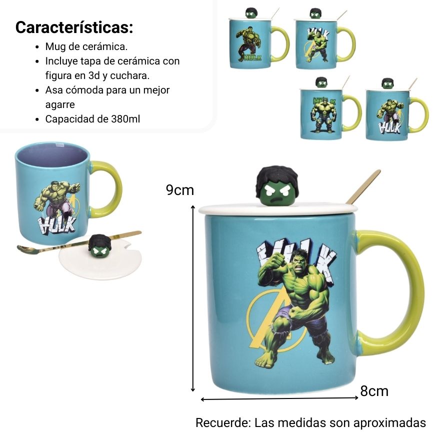 mug pocillo ceramica personaje con tapa y cuchara 380ml dim:9x8