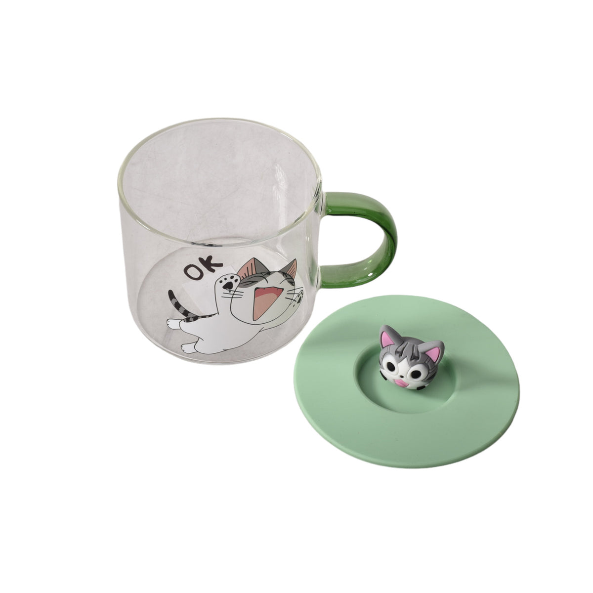 mug pocillo transparente diseño de gatos en vidrio con tapa