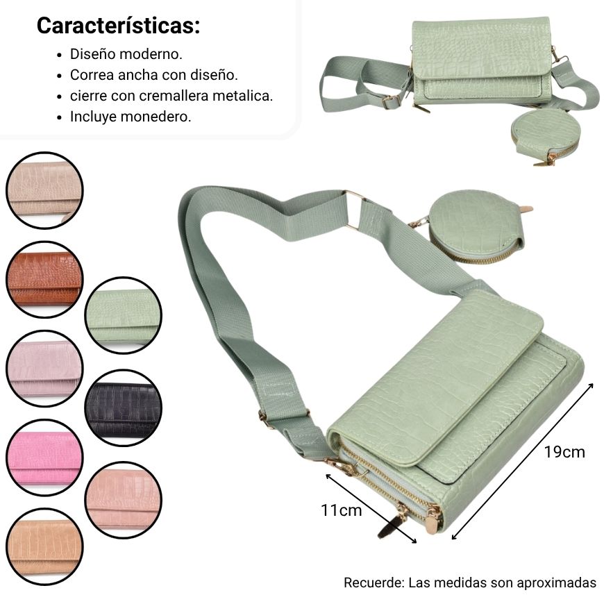 bolso para dama sintetico con monedero dim: 19x13x6