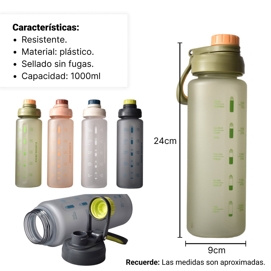 botella de agua plastica de 1000ml dim:8x8x26cm