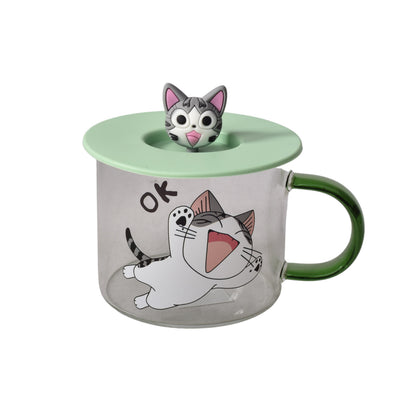 MUG POCILLO TRANSPARENTE DISEÑO DE GATOS EN VIDRIO CON TAPA