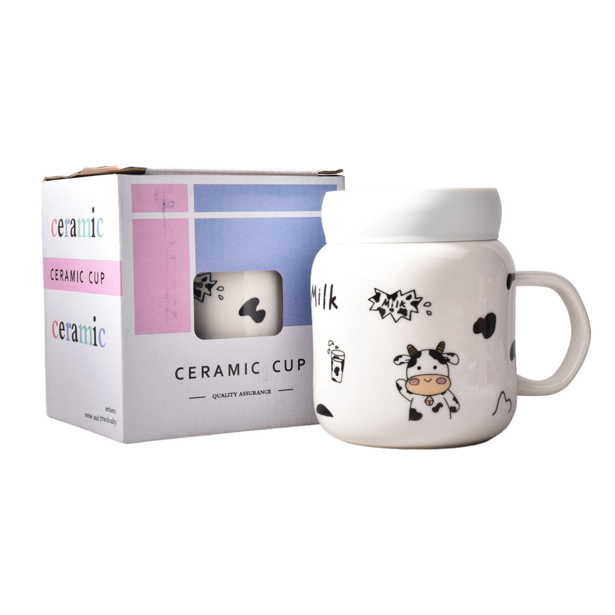 mug pocillo en ceramica de vaca grande con tapa plastica