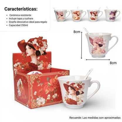 POCILLO SET CERAMICA  CON CUCHARA 250ML DIM:8X9X9