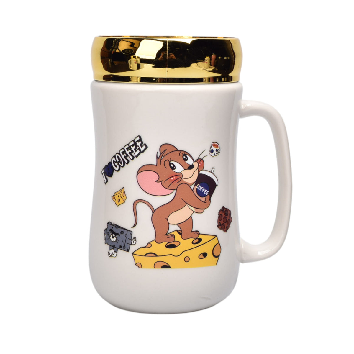 pocillo ceramica diseño tom y jerry con tapa 450ml dim:7x14