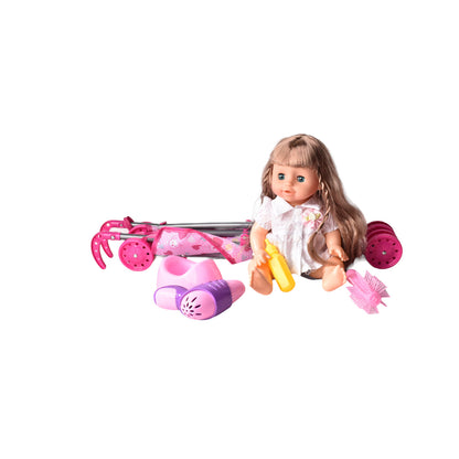 JUGUETE MUÑECA DE CAUCHO CON PASEADOR Y ACCESORIOS