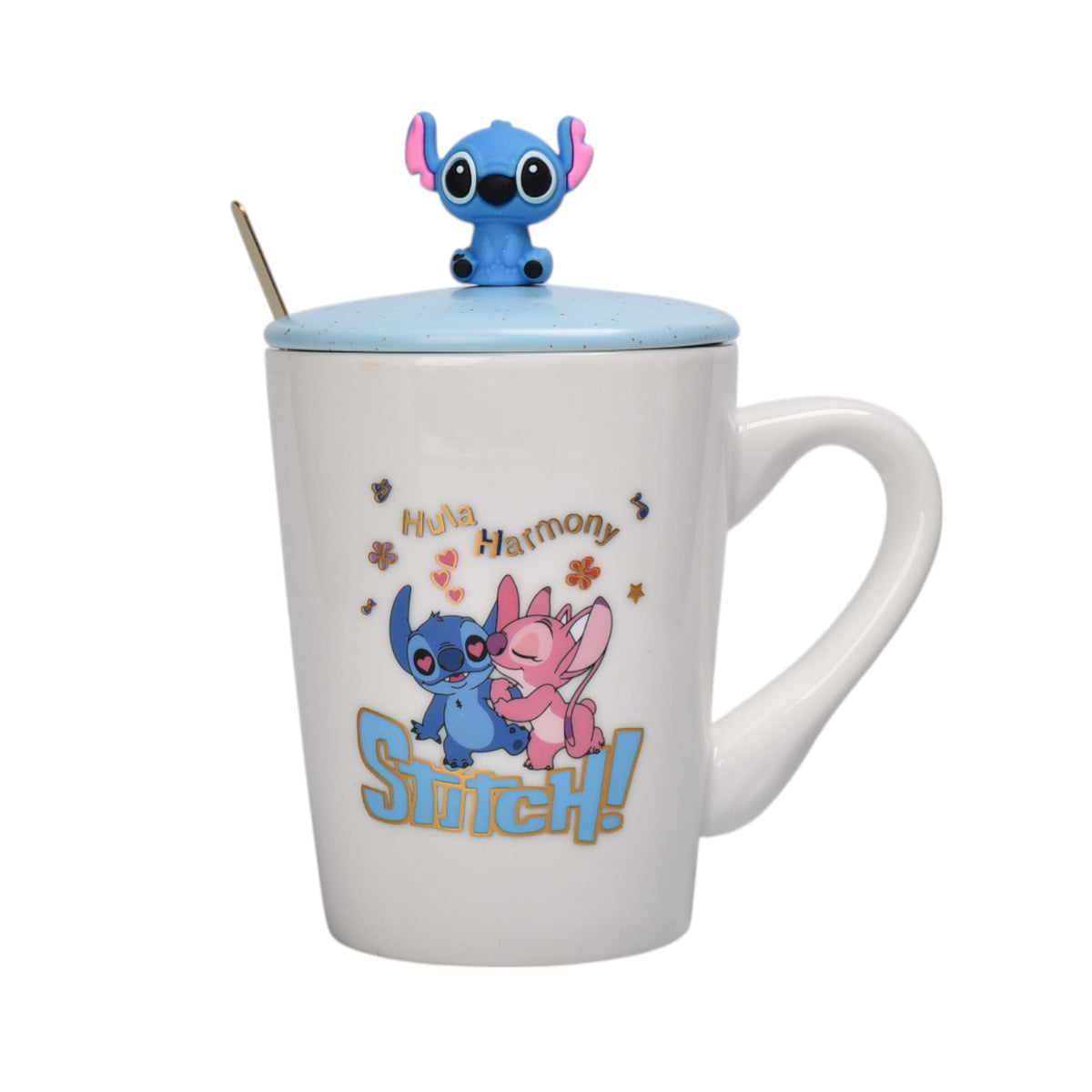 mug pocillo con tapa y  cuchara de ceramica personaje 380ml