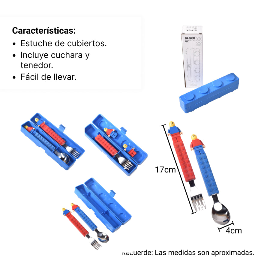 set cubiertos cuchara y tenedor con estuche fichas de armar