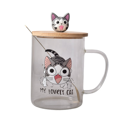 MUG POCILLO TRANSPARENTE DISEÑO DE GATOS EN VIDRIO CON TAPA