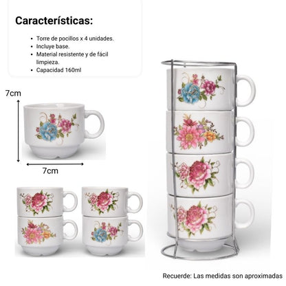 POCILLO SET 4PCS CERAMICA DISEÑOS  CON BASE  160ML DIM:7X7X6