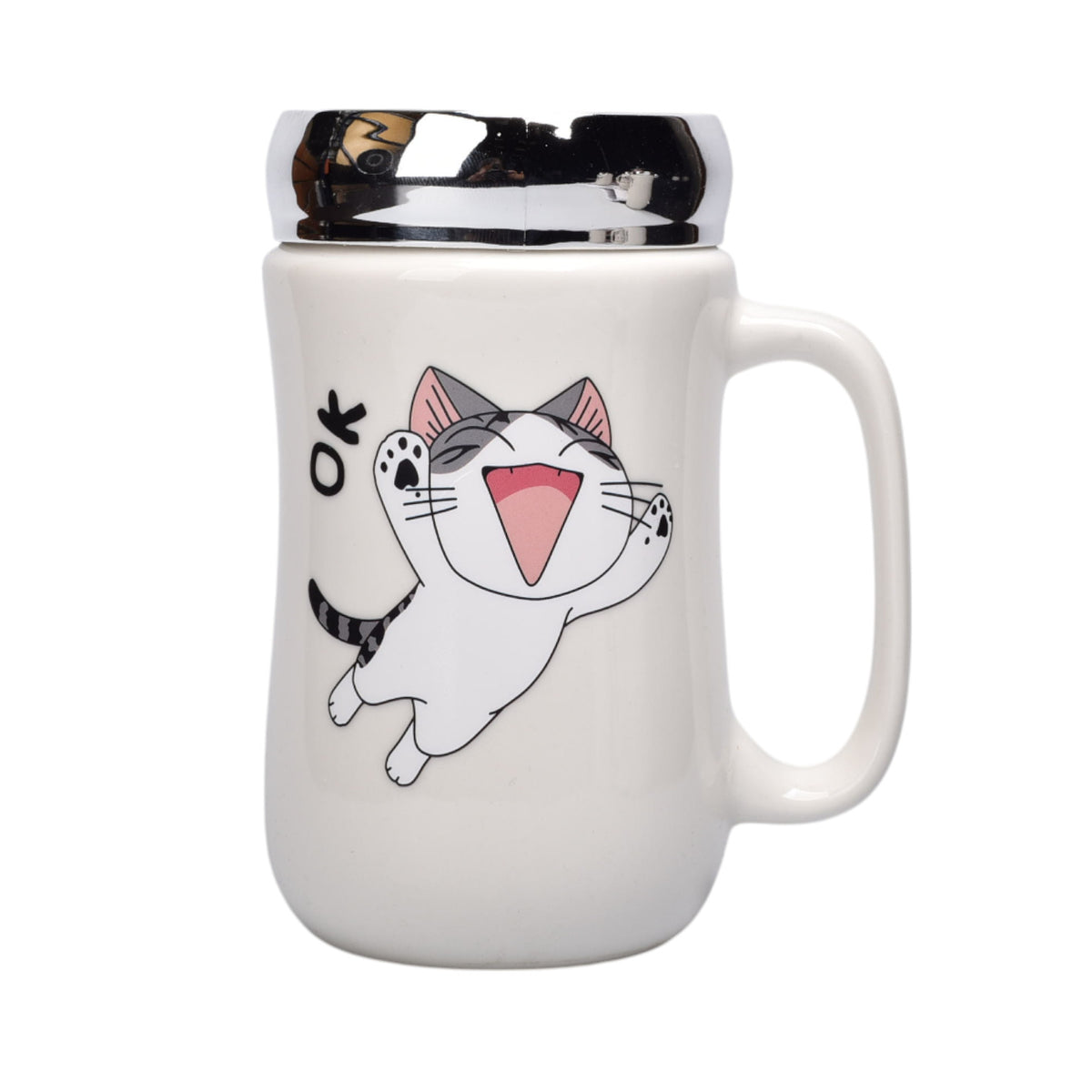 pocillo ceramica diseño gato con tapa 450ml dim:7x14
