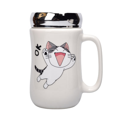 POCILLO CERAMICA DISEÑO GATO CON TAPA 450ML DIM:7X14
