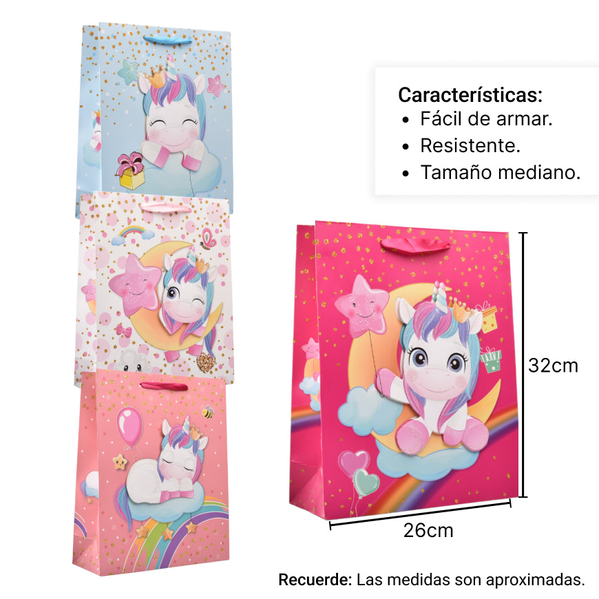 bolsa regalo en papel unicornio tamaño mediano