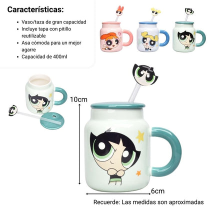 MUG POCILLO CERAMICA CON TAPA Y PITILLO PERSONAJE 400ML DIM:10X6