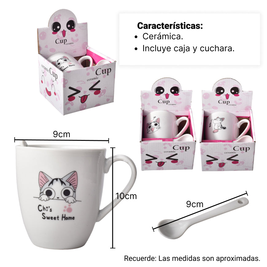 pocillo mug con cuchara en ceramica diseño de gatos