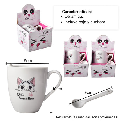 POCILLO MUG CON CUCHARA EN CERAMICA DISEÑO DE GATOS