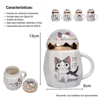 MUG POCILLO CON TAPA CERAMICA GATO 420ML DIM:8X13