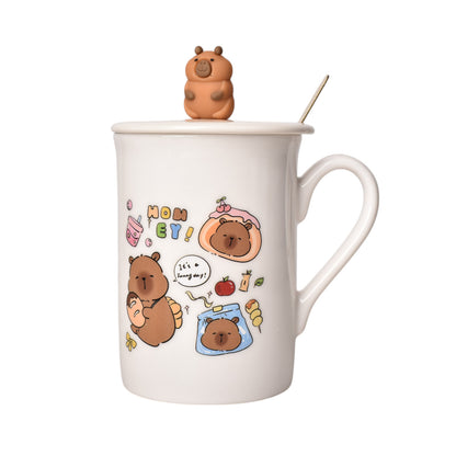MUG POCILLO CON TAPA CUCHARA CERAMICA DISEÑOS CAPYBARA 360ML