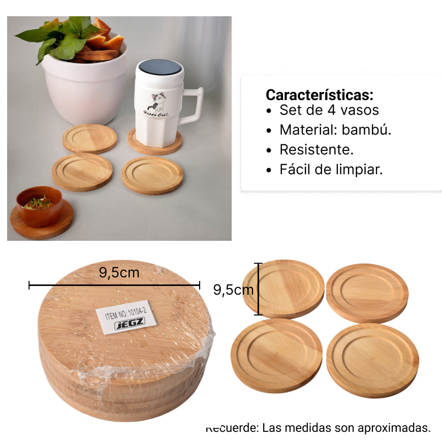 set 4 unidades portavasos redondos en bambu de color madera