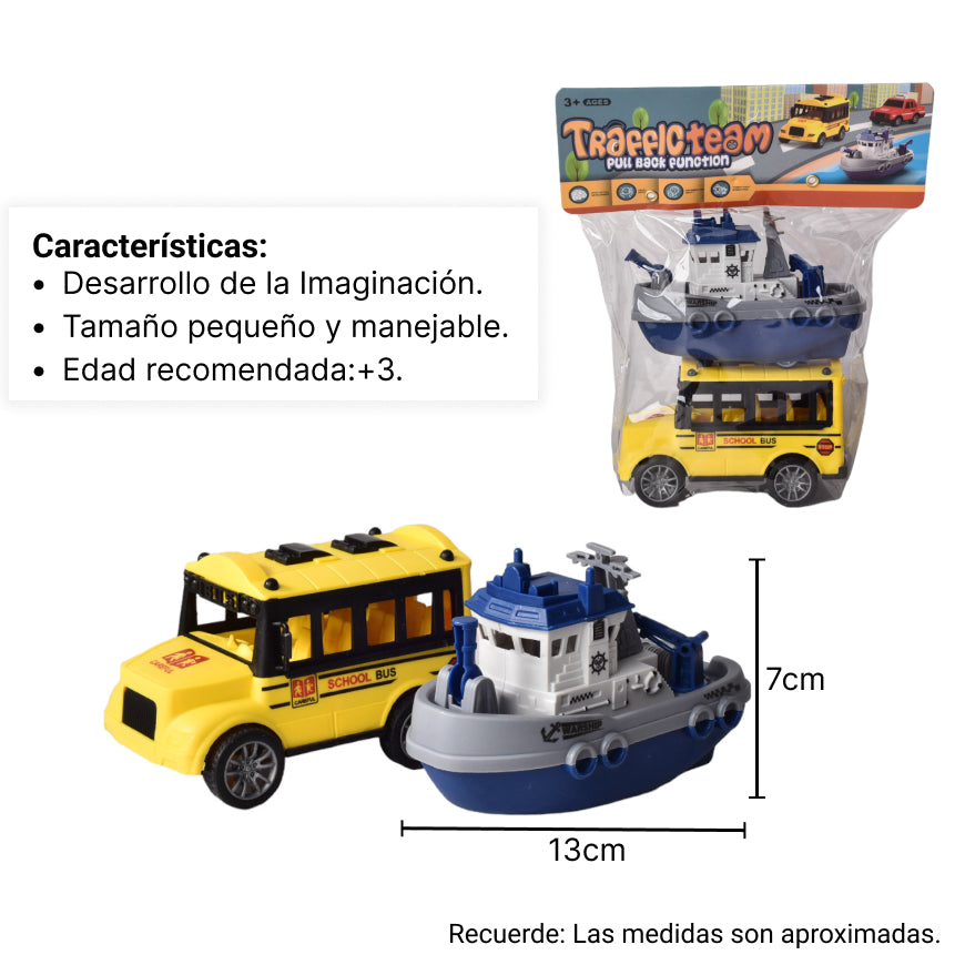 juguete set por 2 unidades bus escolar y barco plastico