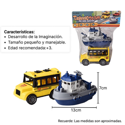 JUGUETE SET POR 2 UNIDADES BUS ESCOLAR Y BARCO PLASTICO