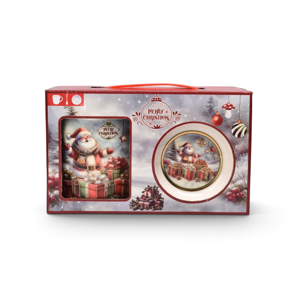 set 3pcs mug pocillo plato ceramica navideño 350ml