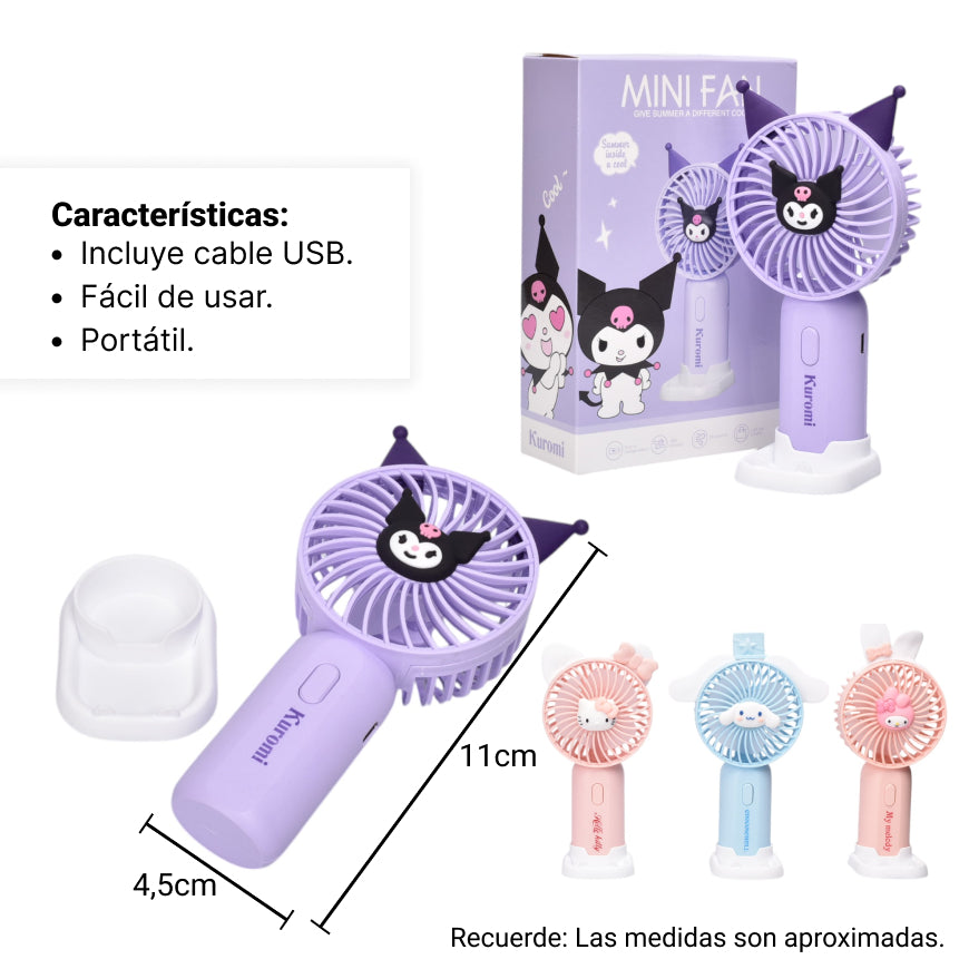 ventilador personaje azul lila rosado con cable dim:11x4x17
