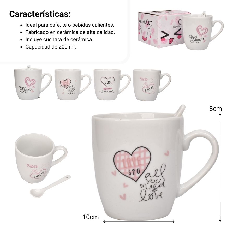 mug pocillo ceramica con cuchara diseñor corazon 200ml