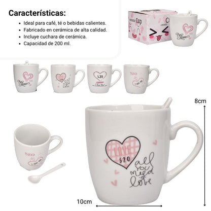 MUG POCILLO CERAMICA CON CUCHARA DISEÑOR CORAZON 200ML