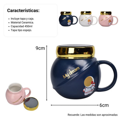 MUG POCILLO CON TAPA DE ESPEJO CERAMICA 450ML DIM:6X6X9