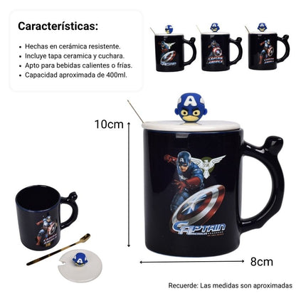 MUG POCILLO CON TAPA Y  CUCHARA DE CERAMICA PERSONAJE 400ML