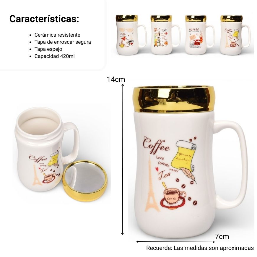 mug pocillo ceramica tapa espejo 420ml dim:7x7x14