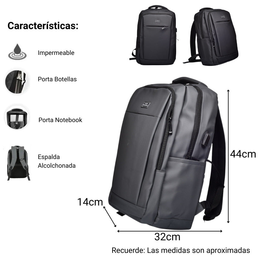 maleta morral poliester negro y gris dim:44x32x14