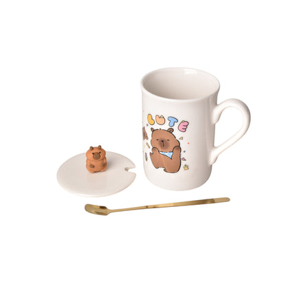 MUG POCILLO CON TAPA CUCHARA CERAMICA DISEÑOS CAPYBARA 360ML