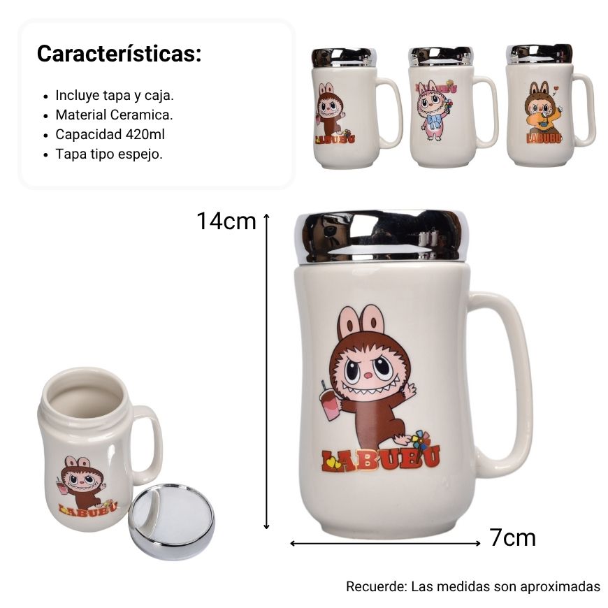 mug pocillo ceramica con tapa personaje 420ml dim:7x7x14