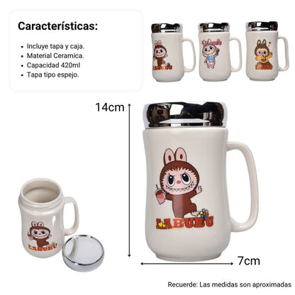 MUG POCILLO CERAMICA CON TAPA PERSONAJE 420ML DIM:7X7X14