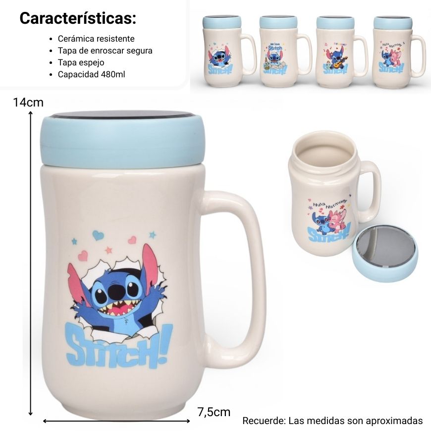 mug pocillo con tapa ceramica personaje 480ml dim:7x7x14