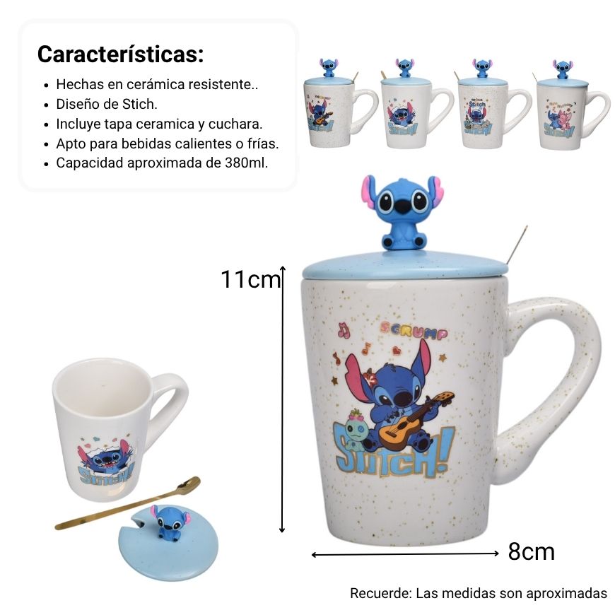 mug pocillo con tapa y  cuchara de ceramica personaje 380ml