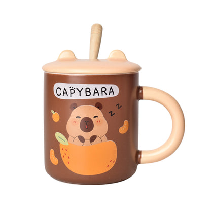 MUG POCILLO CON TAPA CUCHARA CERAMICA DISEÑOS CAPYBARA 450ML