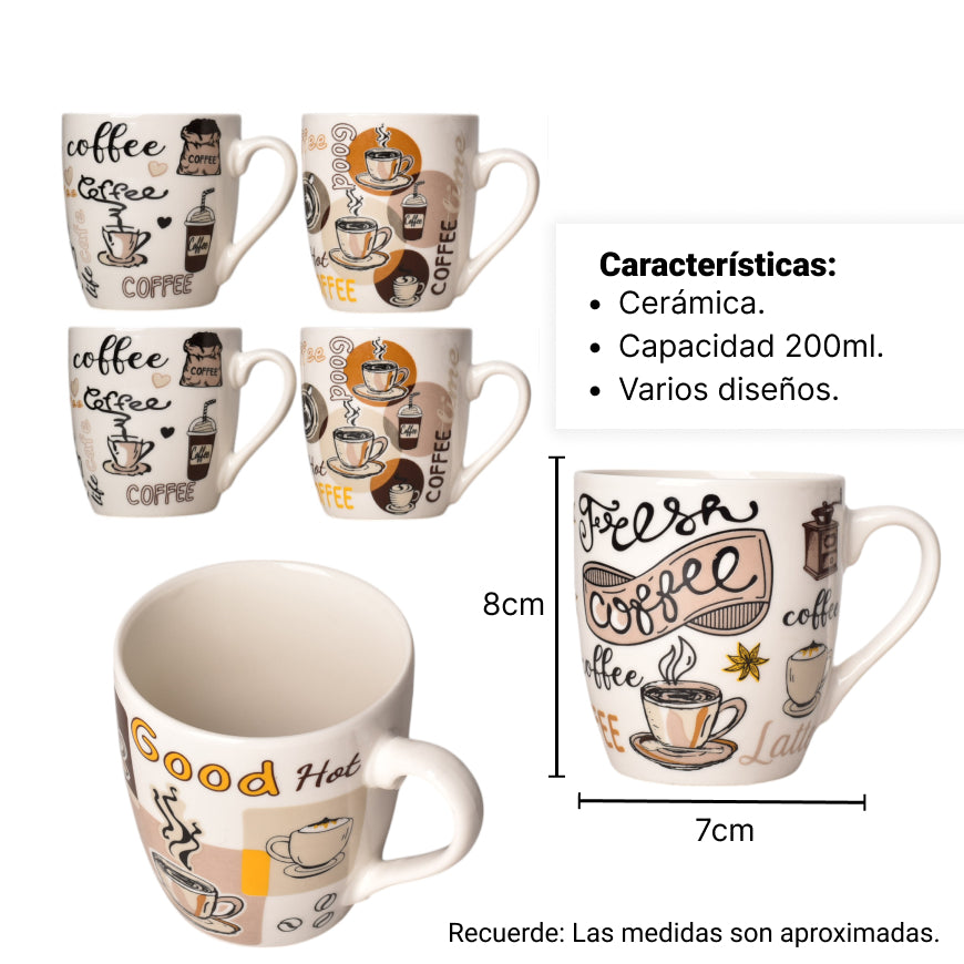 mug pocillo ceramica varios diseños 200ml dim:7x7x8