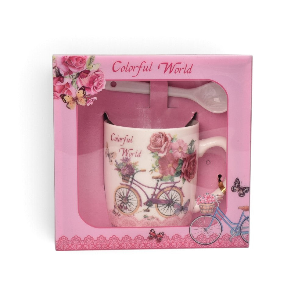 pocillo set ceramica con cuchara flores 210ml