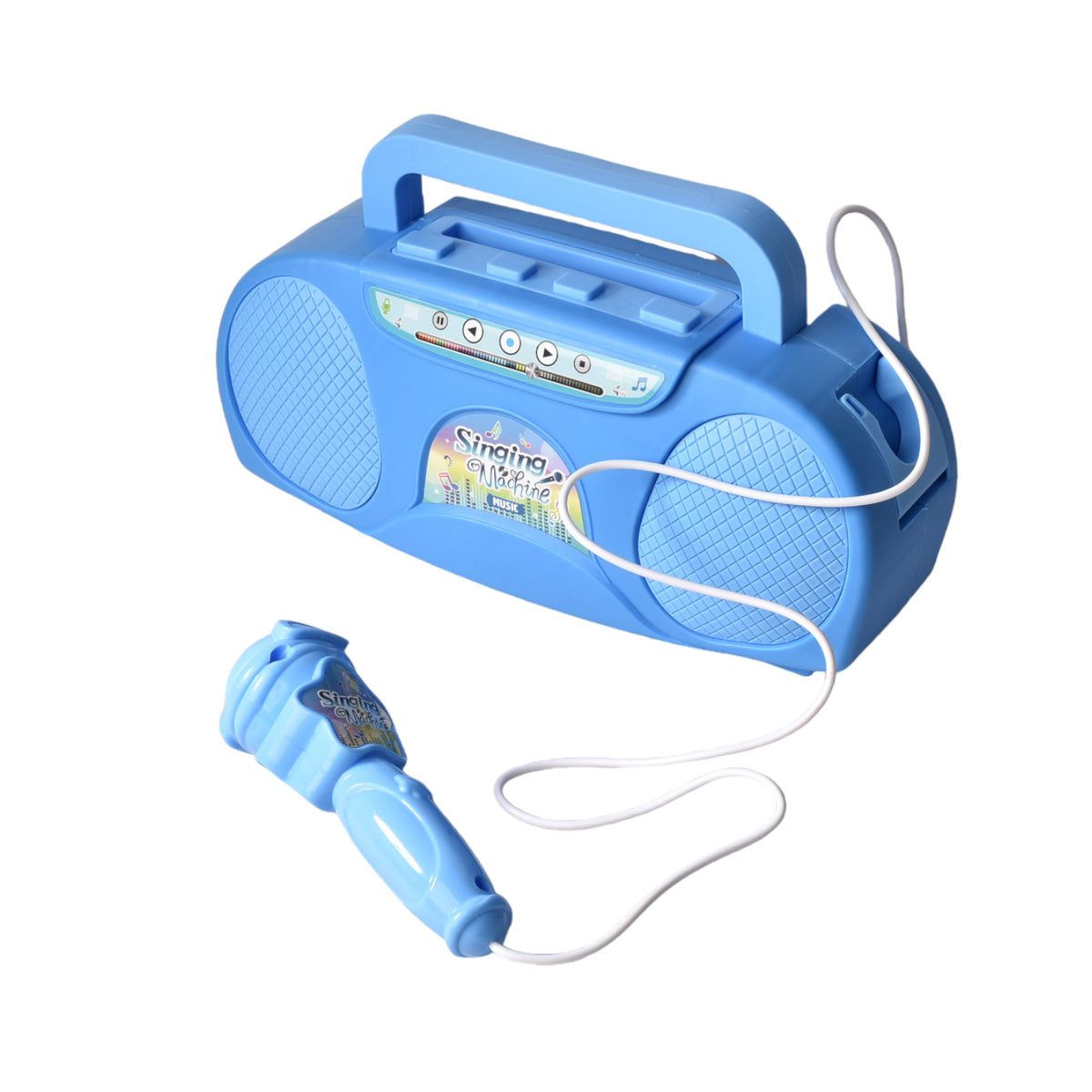 juguete karaoke azul con microfono de plastico con sonido