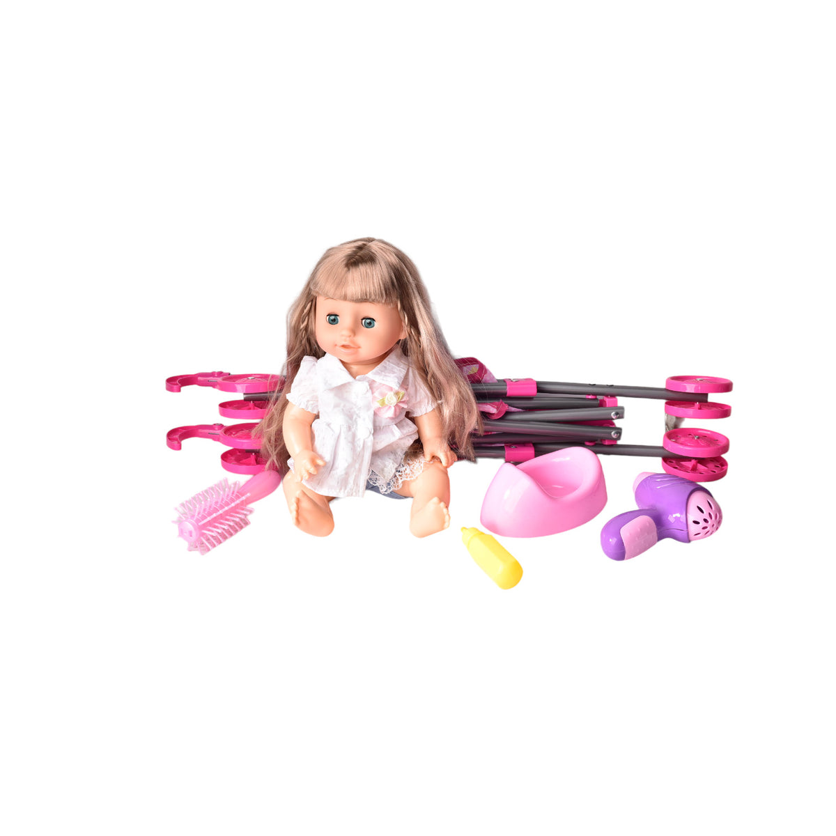 juguete muñeca de caucho con paseador y accesorios