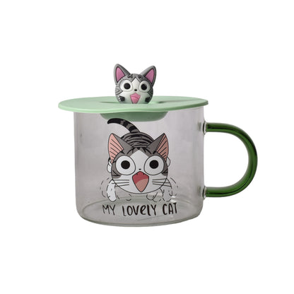 MUG POCILLO TRANSPARENTE DISEÑO DE GATOS EN VIDRIO CON TAPA