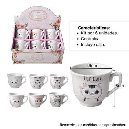 CAJA DE POCILLO POR 6 UNIDADES CERAMICA DISEÑO DE GATOS
