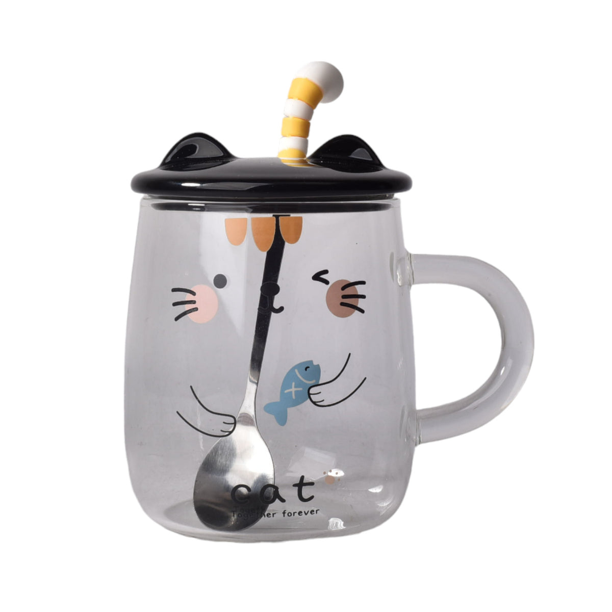 pocillo vidrio ceramica con tapa y cuchara diseños de gatos