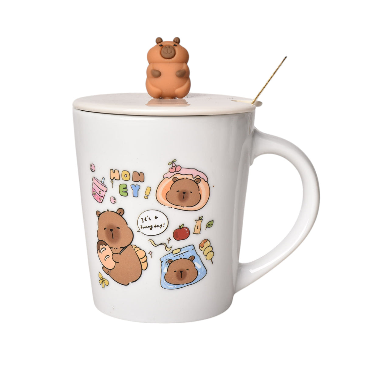 mug pocillo con tapa cuchara ceramica diseños capybara 450ml
