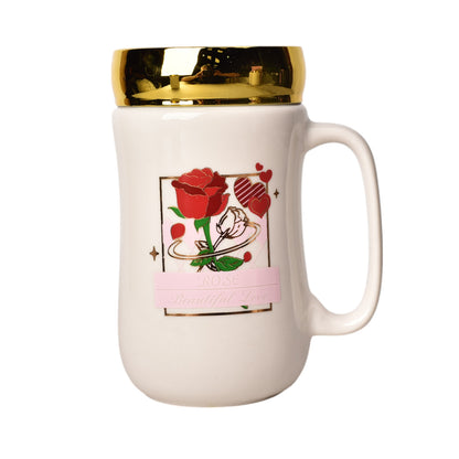 MUG POCILLO CERAMICA CON TAPA DISEÑO FLORES 440ML DIM:8*8*14